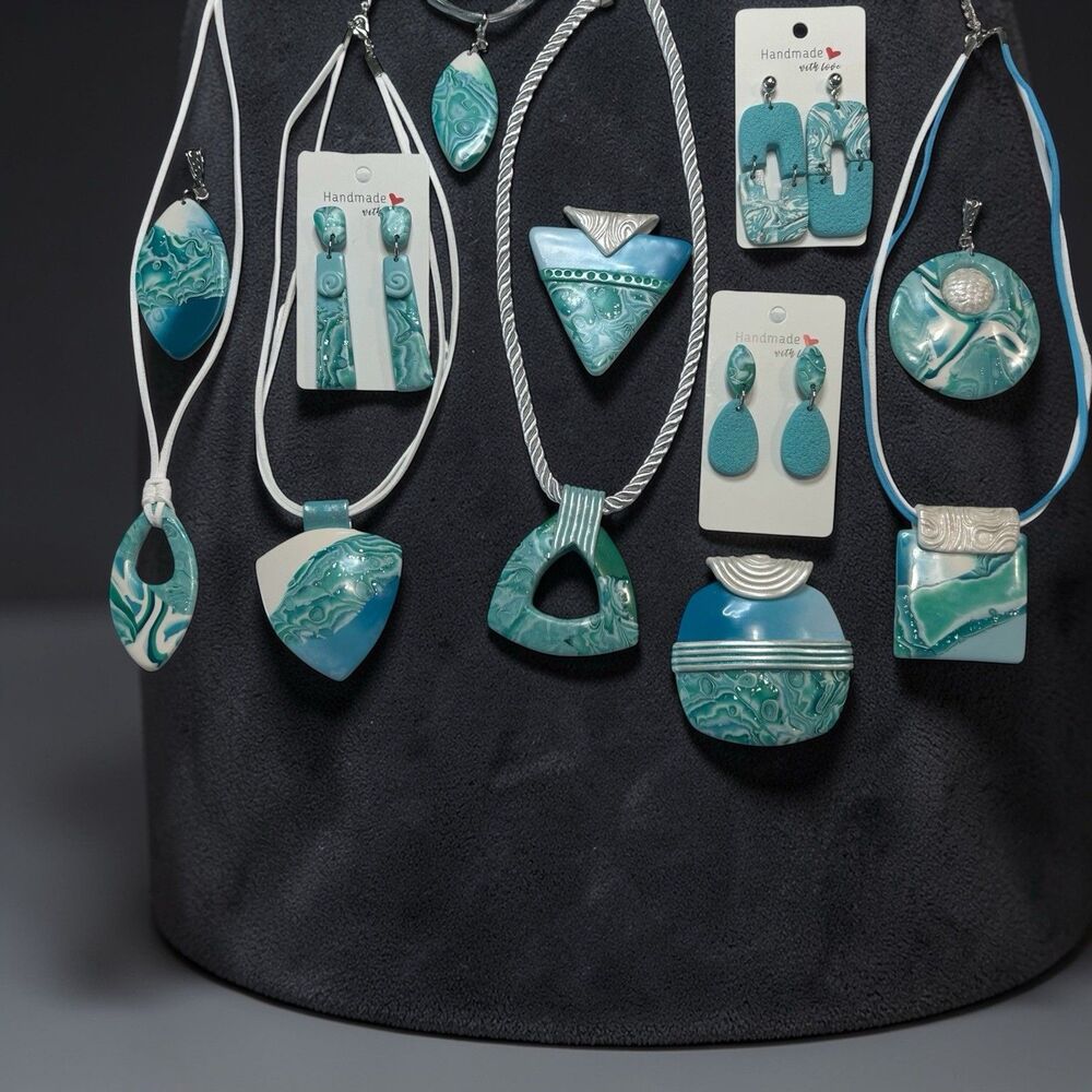 Blue Green & Silver Handmade Dangle Polymer Clay Earrings w Stainless Steel Post - Picture 7 of 9